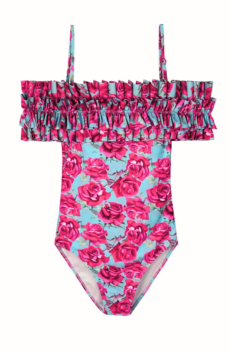 Mia Belle Girls Rose Ruffle One Piece Swimsuit, Main, color, Pink