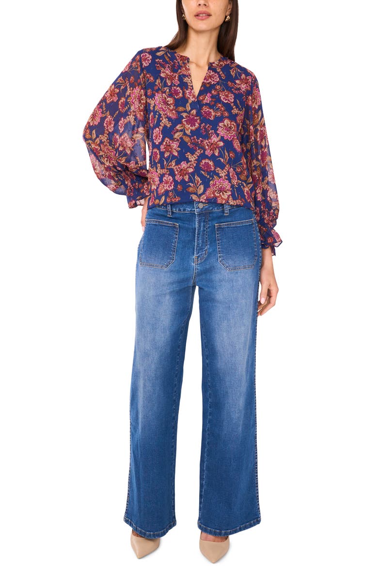 Floral Split Neck Top, Alternate, color, DEEP SKY