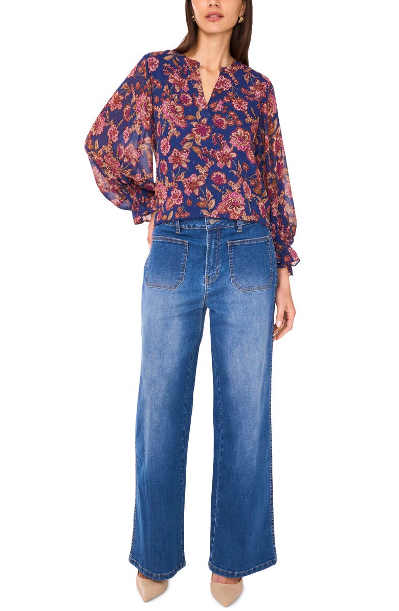 Vince Camuto Floral Split Neck Top, Alternate, color, Deep Sky