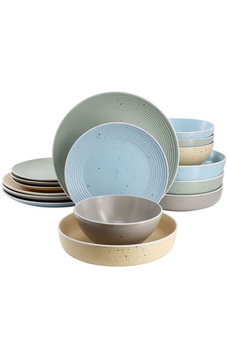 Elama Emilia 16 Piece Assorted Double Bowl Stoneware Dinnerware Set, Main, color, White
