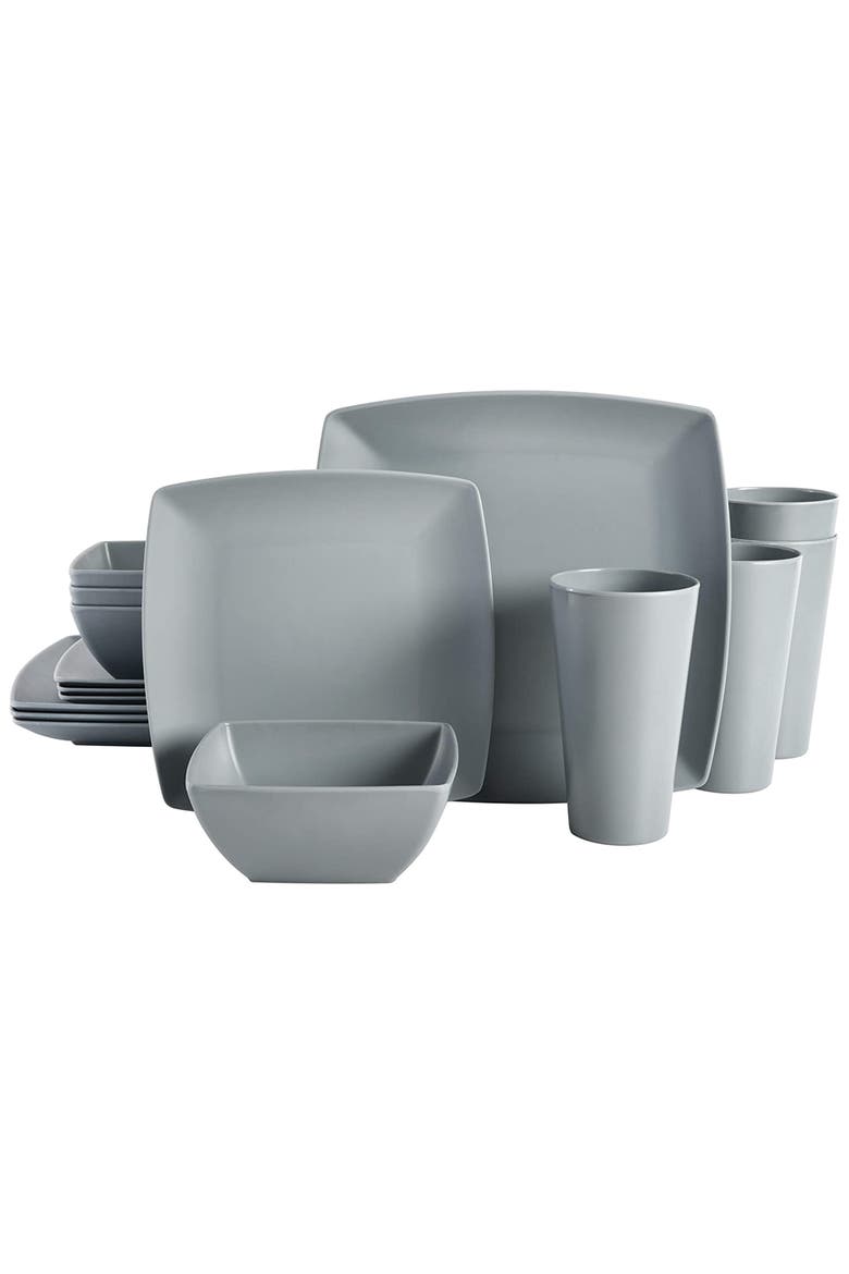 Grayson 16 Piece Square Melamine Dinnerware Set, Main, color, Grey