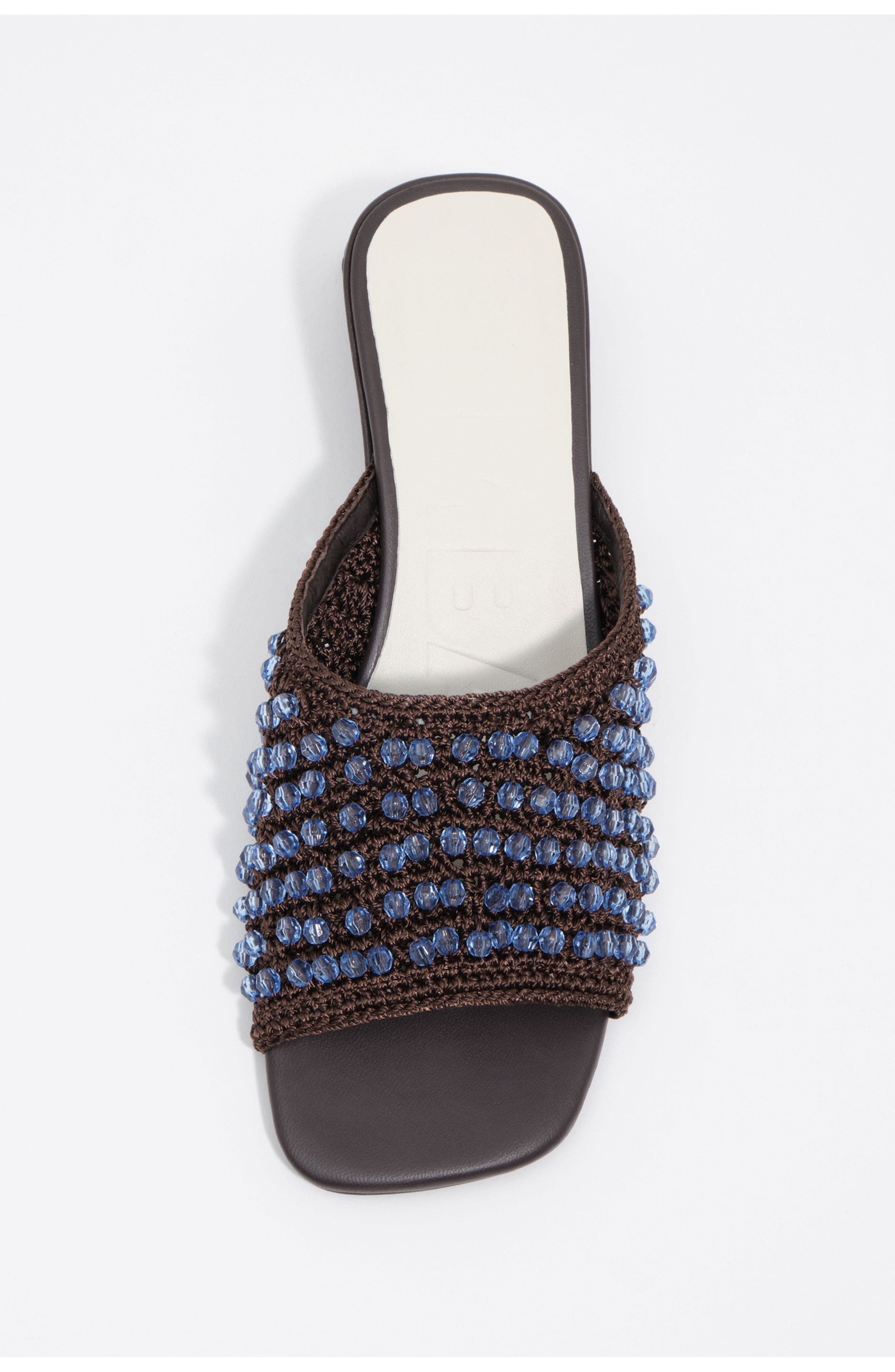 Crochet Beaded Heeled Sandal, Alternate, color, DARK BROWN