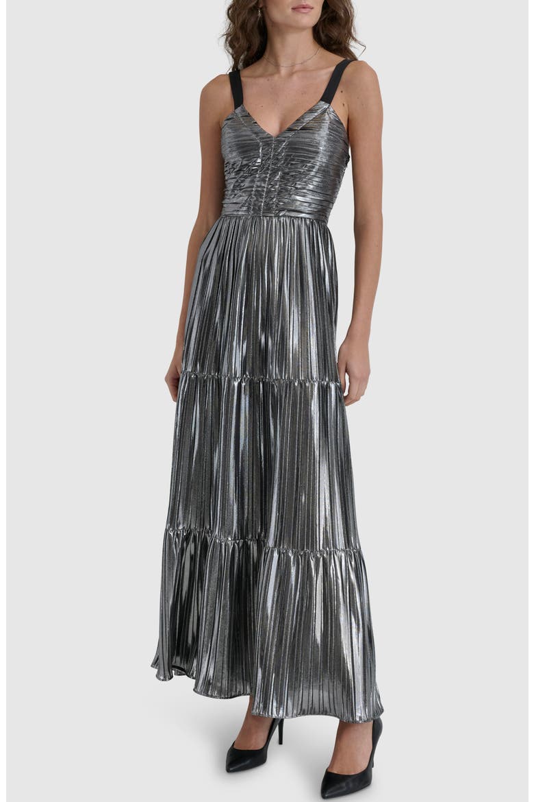 Foil Plissé Sleeveless Maxi Dress, Main, color, SILVER