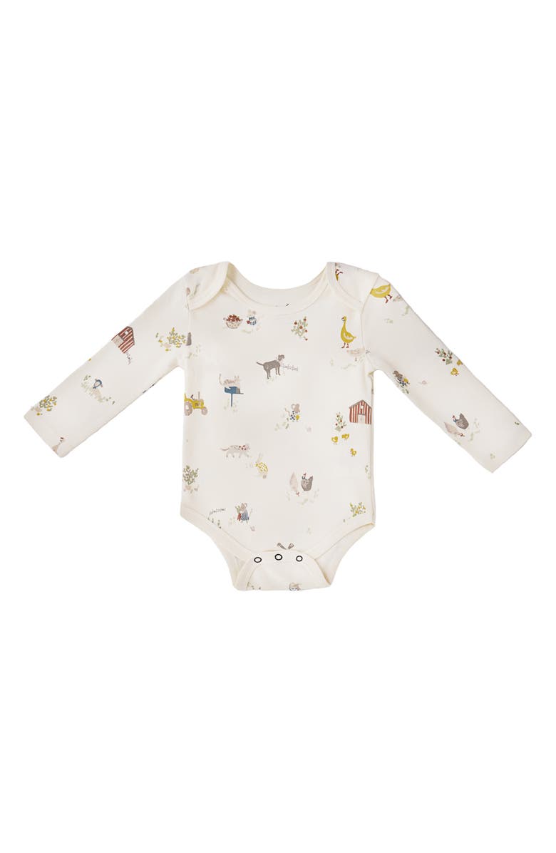 Pehr Lap Shoulder Print Long Sleeve Organic Cotton Bodysuit, Main, color, On The Farm