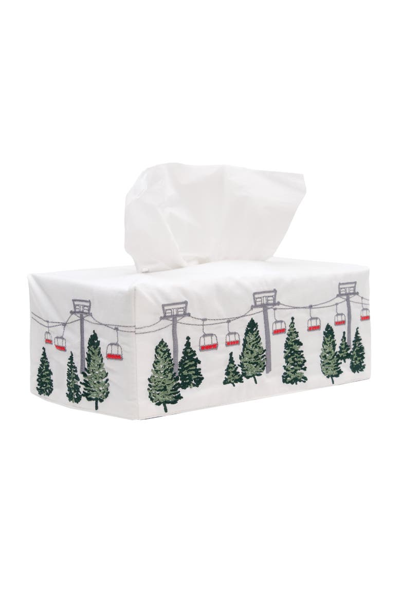 Ski Lift and Pines Large Tissue Box Cover, Main, color, Green