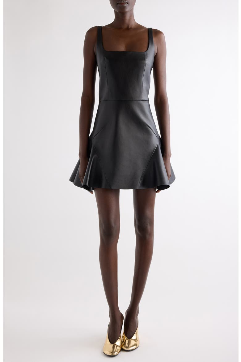 Fluted Leather Fit & Flare Minidress, Main, color, BLACK