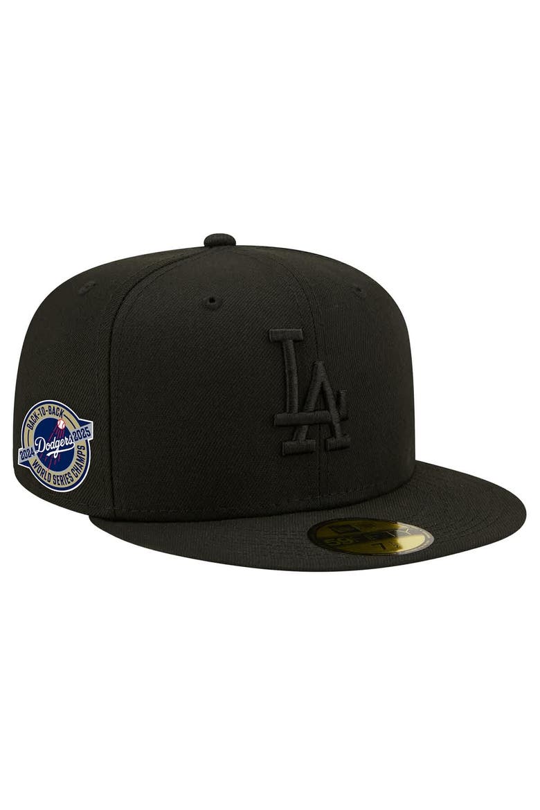 Men's New Era Black Los Angeles Dodgers 2024/25 Back to Back Champions Circle Side Patch Fitted 59FIFTY Hat, Main, color, Black