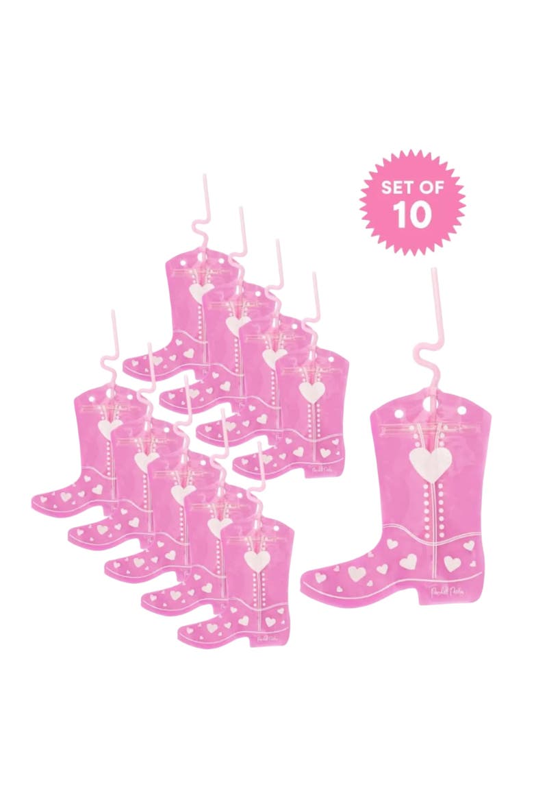 Valentine Cowboy Boot Drink Pouches Set of 10 - Heart-Studded Boot-Shaped Reusable Drink Bags with Bendy Straws, 8 oz BPA-Free, 8x7 Inch, Main, color, Multicolor