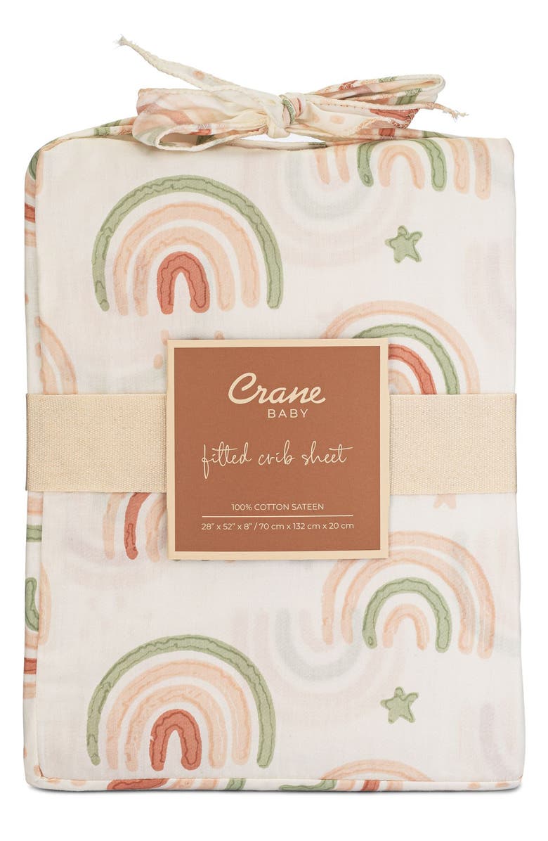 CRANE BABY Cotton Sateen Fitted Crib Sheet, Main, color, Beige/ Rainbow Multi