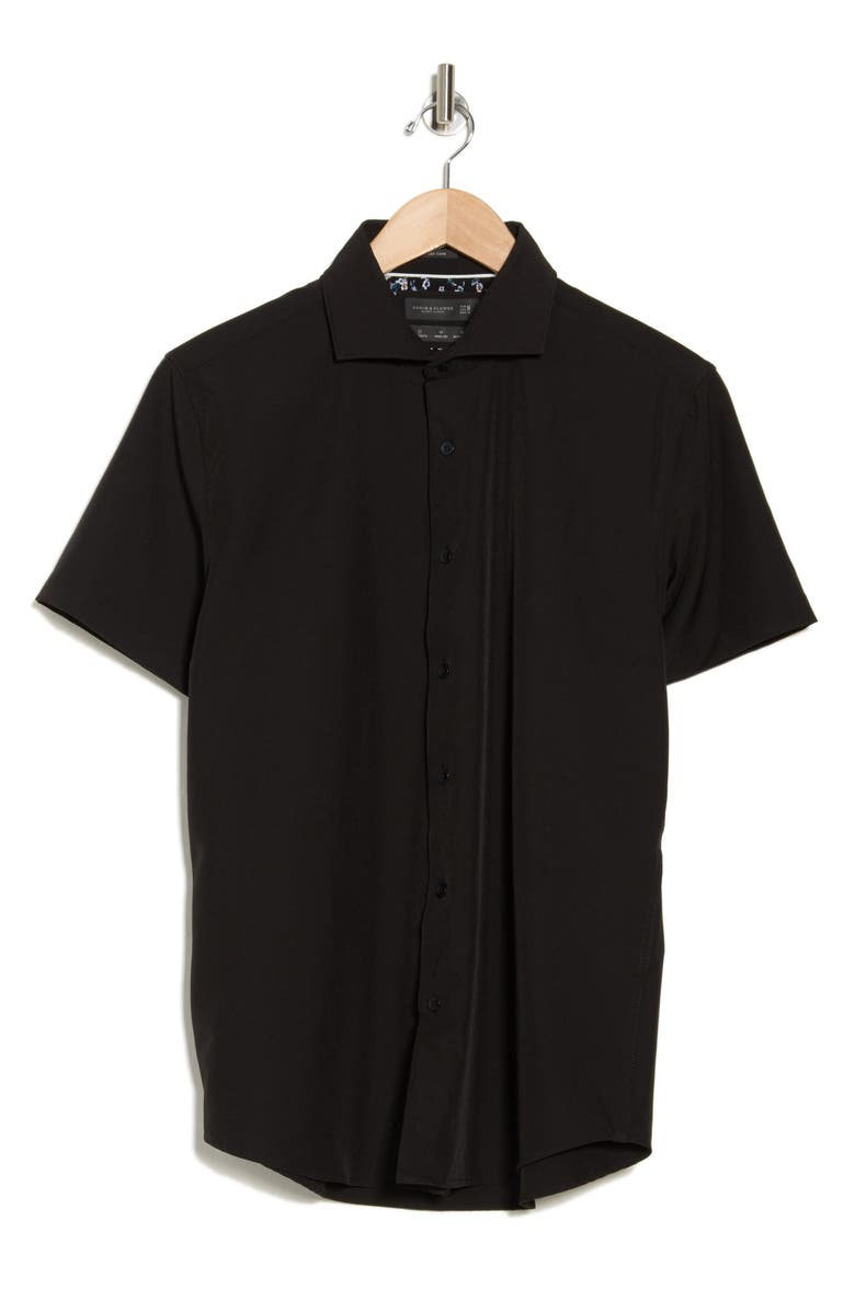 DENIM AND FLOWER Solid Short Sleeve Button-Up Tech Shirt, Alternate, color, Black