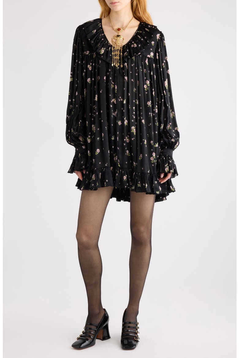 Liberty Print Long Sleve Silk Charmeuse Minidress, Main, color, BLACK