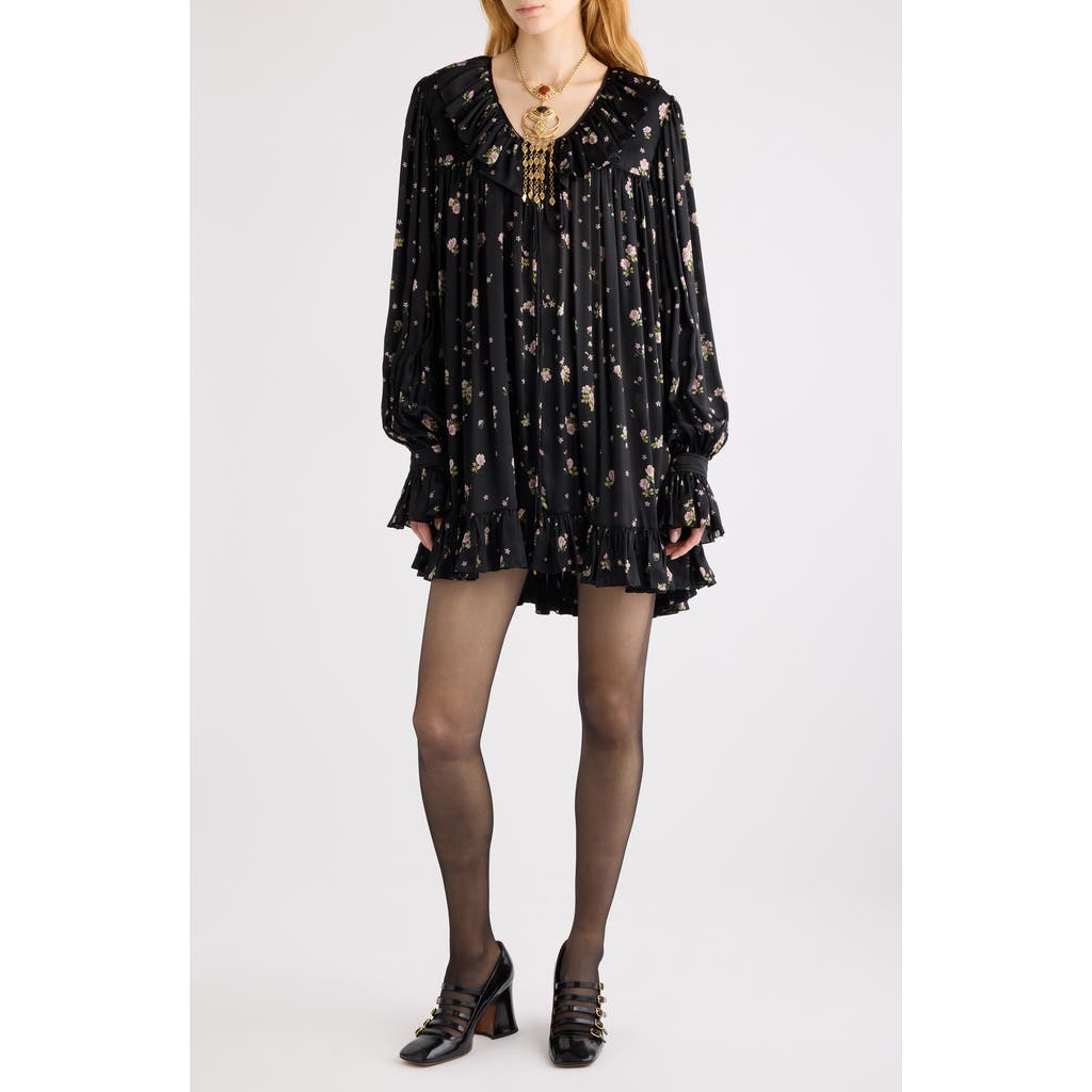 Chloé Liberty Print Long Sleve Silk Charmeuse Minidress In Black