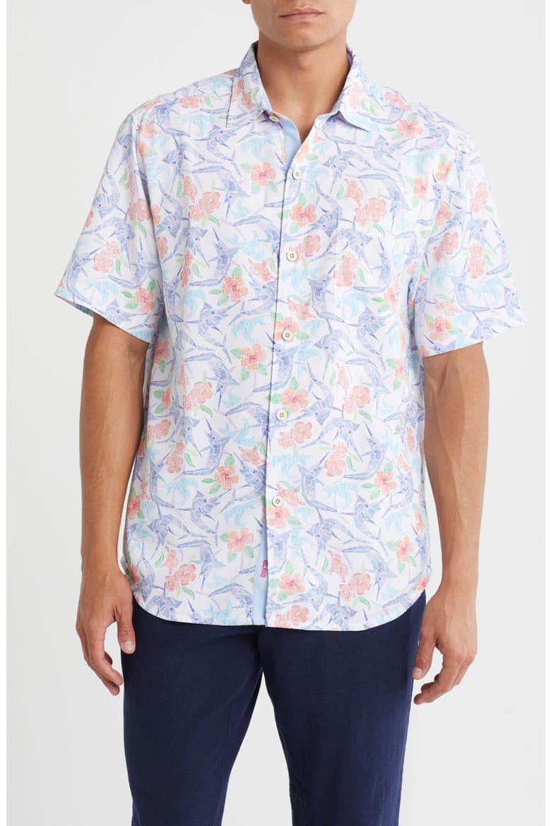 Coconut Point Marlin Mania Short Sleeve Button-Up Shirt, Main, color, WHITE