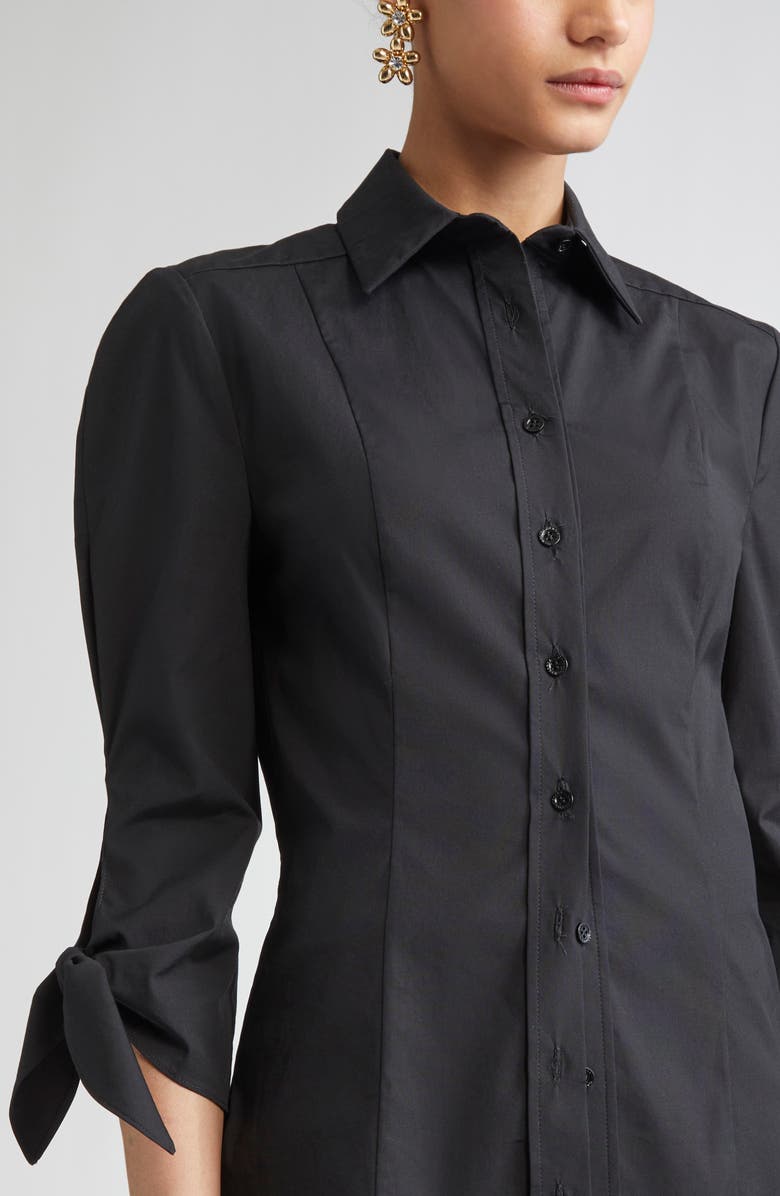 Carolina Herrera Tie Cuff Cotton Blend Button-Up Shirt, Alternate, color, Black