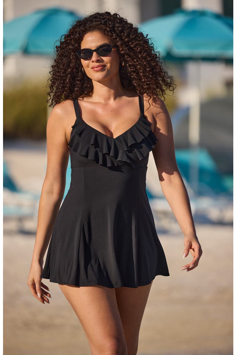 Ruffle Long Torso Swim Dress, Alternate, color, Black