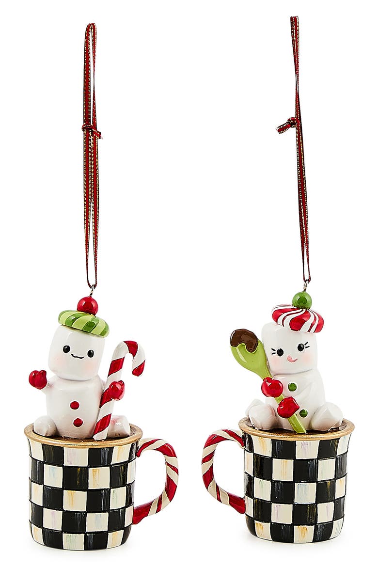 Set of 2 Check It Out Marshmallow Ornaments, Main, color, BLACK