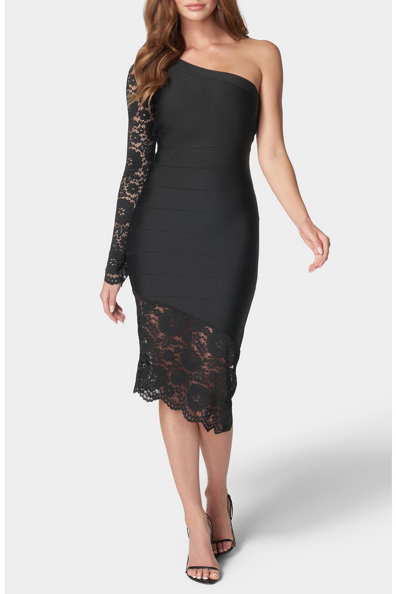 Lace Trim One-Shoulder Body-Con Dress, Main, color, BLACK