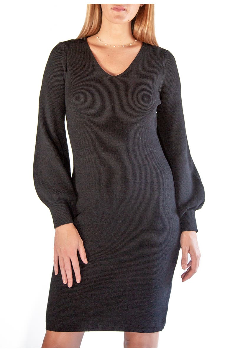 Nina Leonard V-Neck Balloon Sleeve Sweater Dress, Main, color, Black