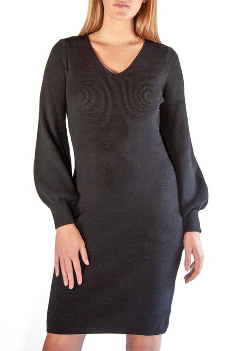 V-Neck Balloon Sleeve Sweater Dress