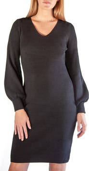 Nina Leonard V-Neck Balloon Sleeve Sweater Dress