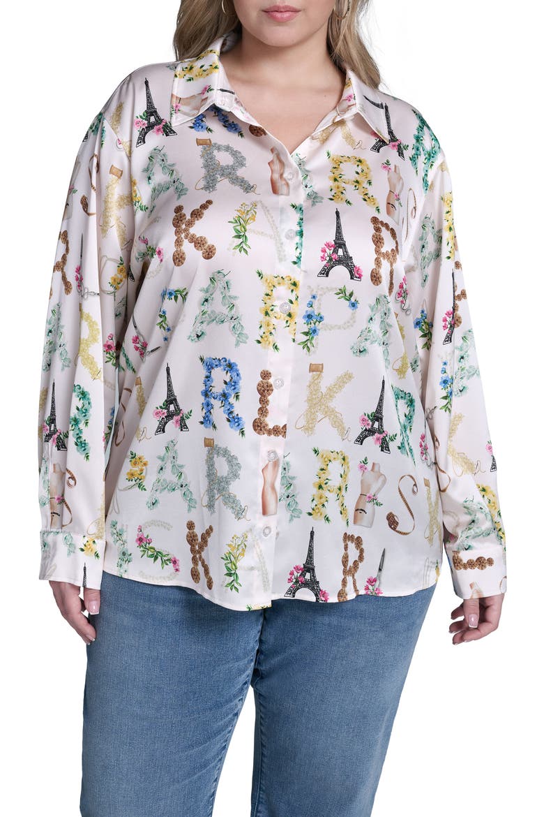 Logo Print Satin Button-Up Shirt, Main, color, BISQUE/ PANNA COTTA MULTI