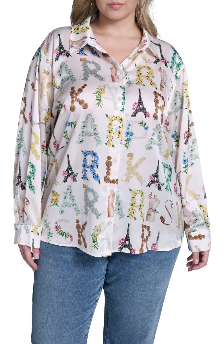 KARL LAGERFELD PARIS Logo Print Satin Button-Up Shirt, Main, color, Bisque/ Panna Cotta Multi
