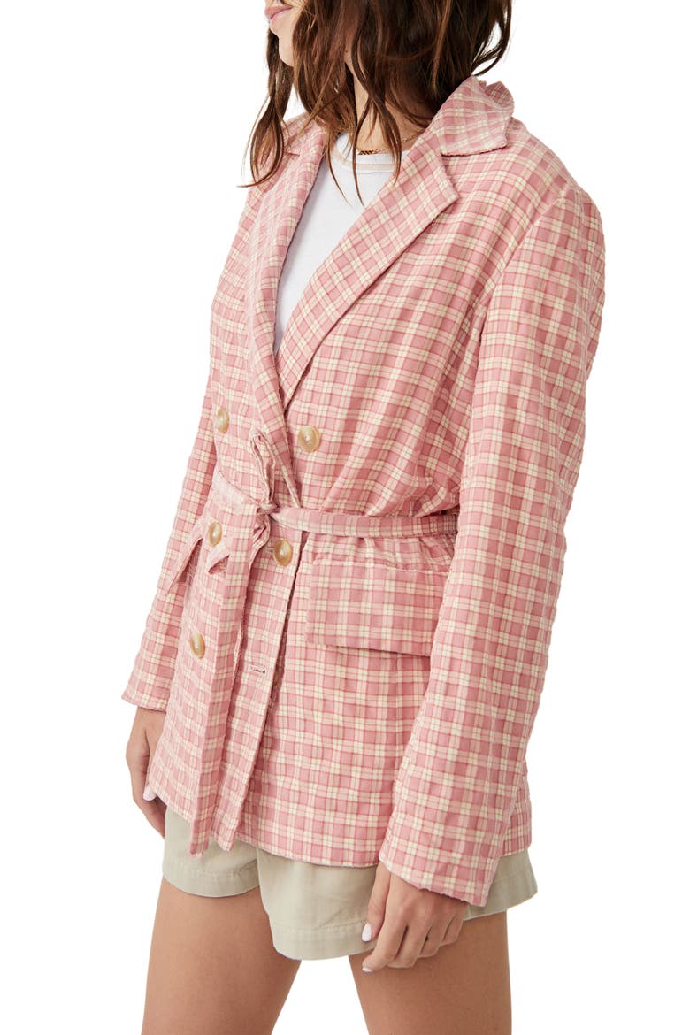 Olivia Tie Waist Gingham Double Breasted Blazer, Alternate, color, PINK