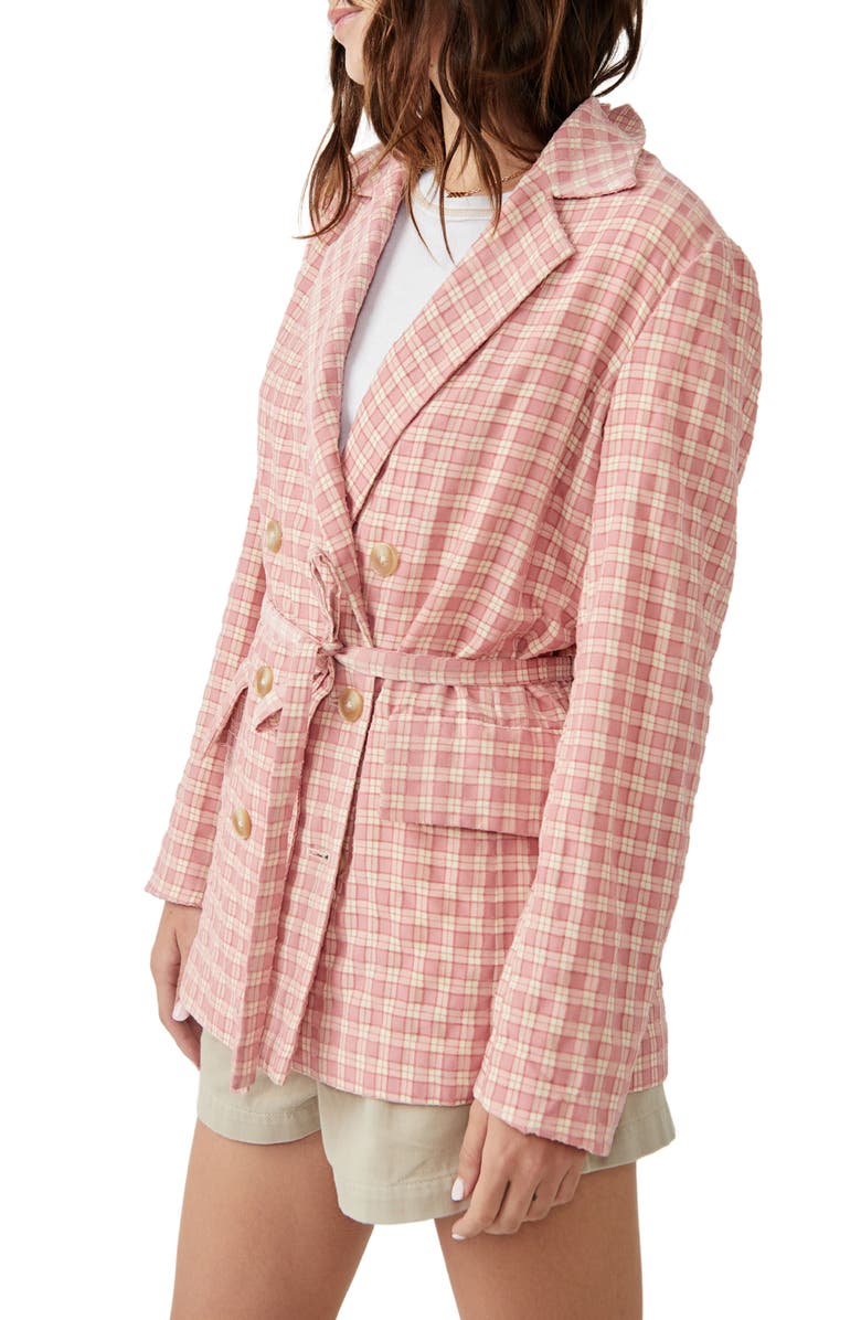 Free People Olivia Tie Waist Gingham Double Breasted Blazer, Alternate, color,