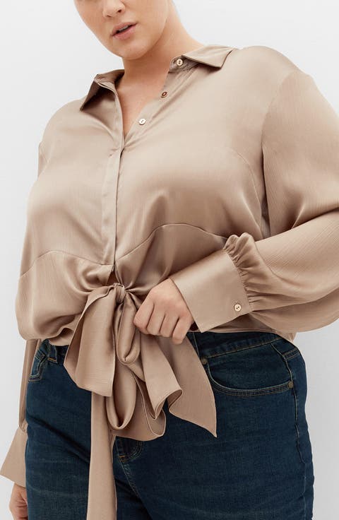 Ellie Long Sleeve Tie Front Satin Shirt (Plus)