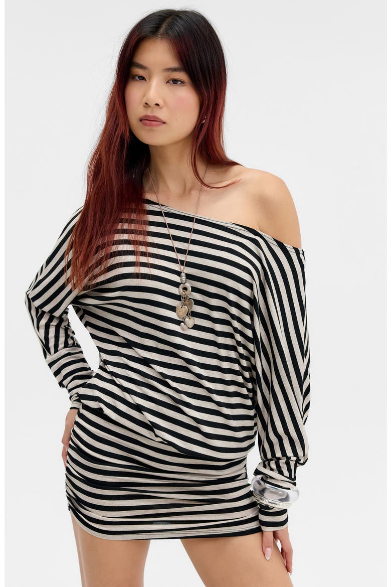 Destiny Stripe Off the Shoulder Minidress, Alternate, color, GREY STRIPE