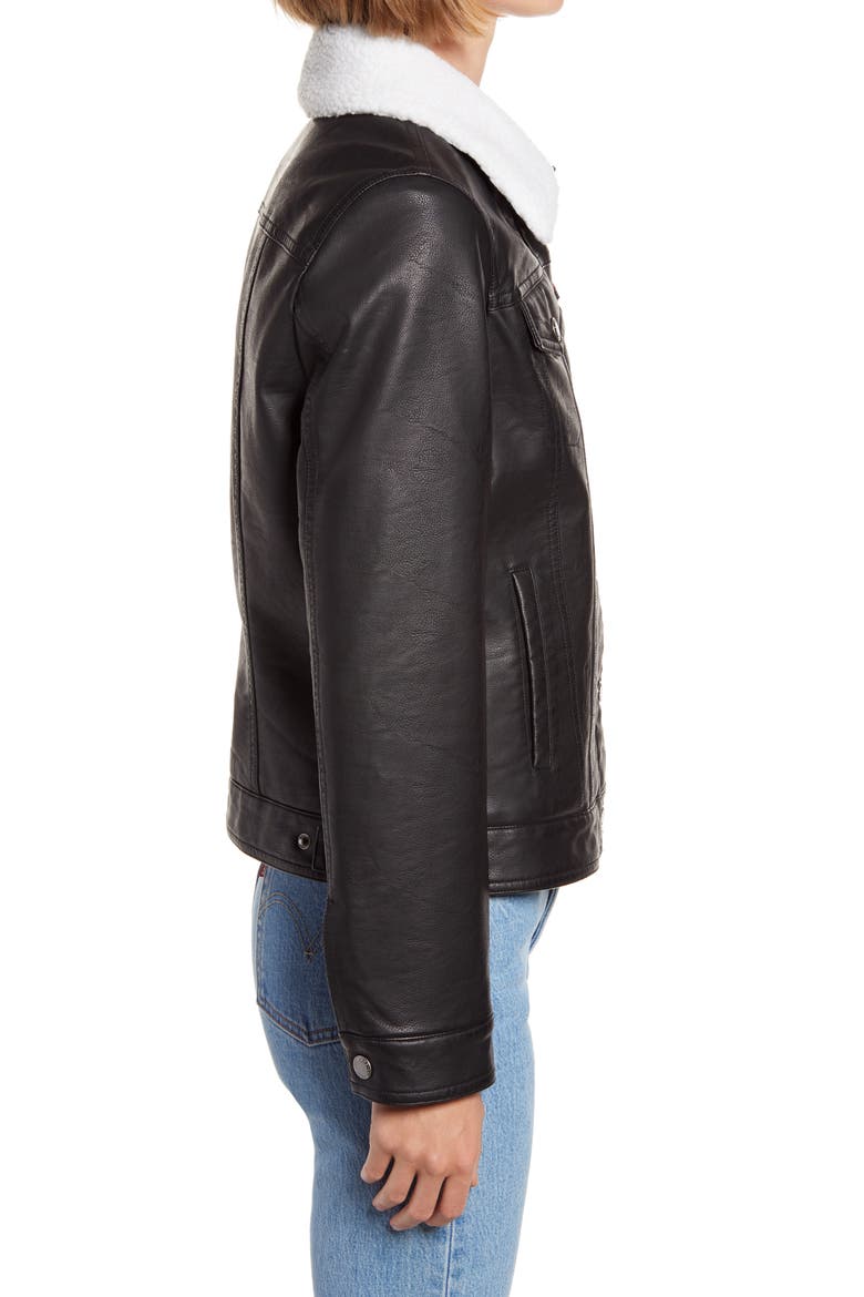 Levi's® Faux Leather Trucker Jacket with Faux Shearling Collar, Alternate, color, BLACK