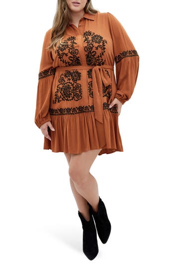 City Chic Marlie Long Sleeve Embroidered Minidress In Brown