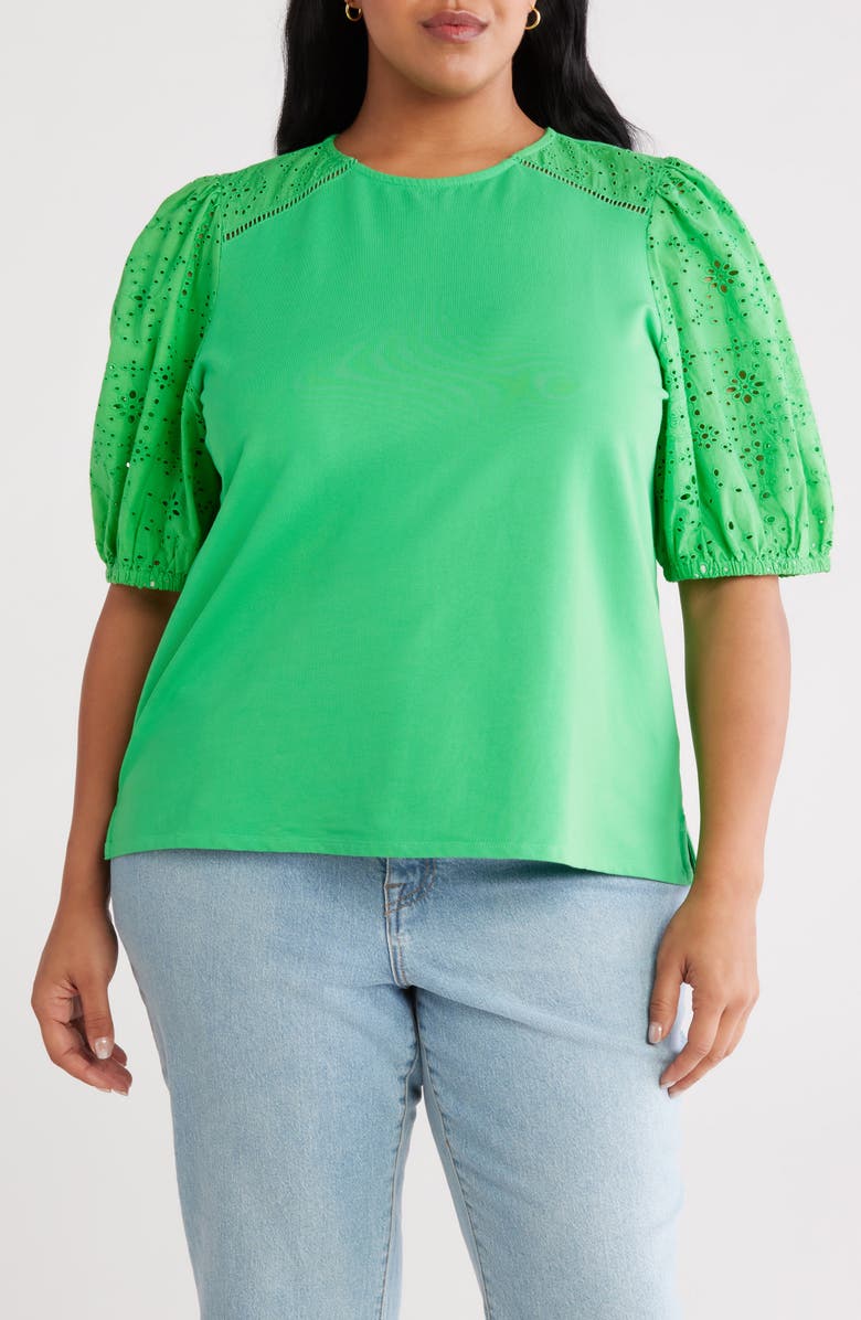 Caslon<sup>®</sup> Eyelet Embroidered Puff Sleeve Top, Main, color, Green Chameleon