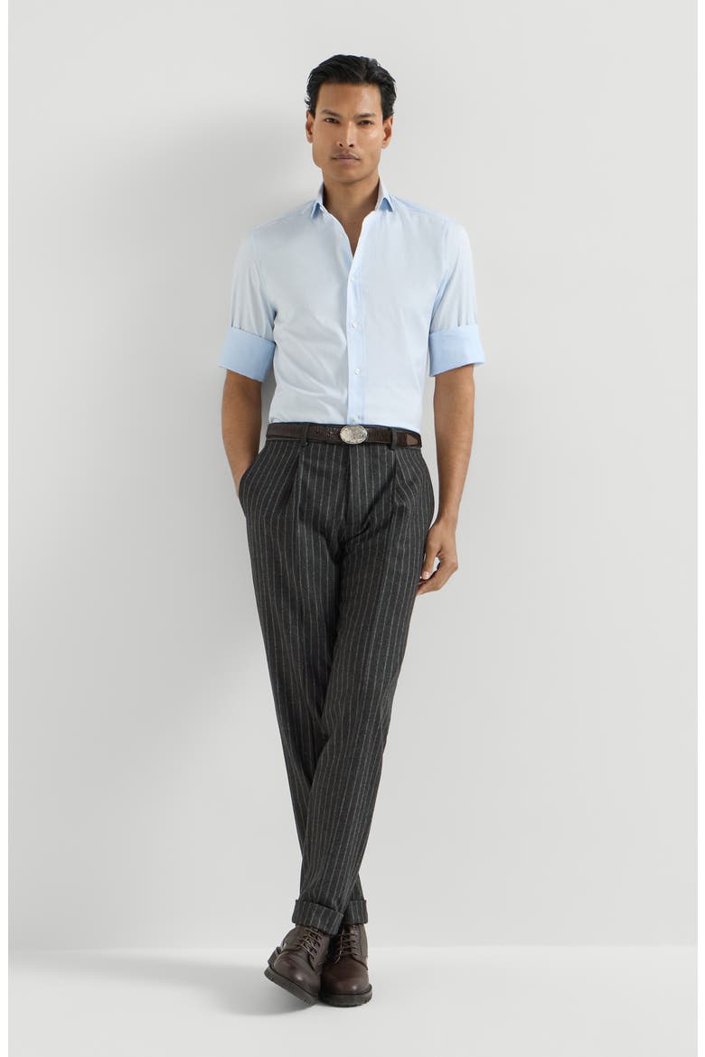Virgin wool and cashmere chalk stripe flannel trousers with pleat, Alternate, color, Anthracite