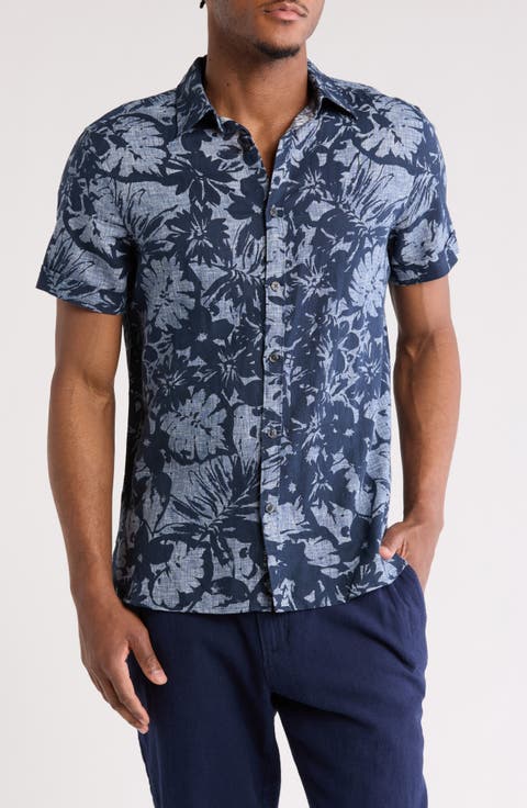 Tropical Print Short Sleeve Linen & Cotton Button-Up Shirt