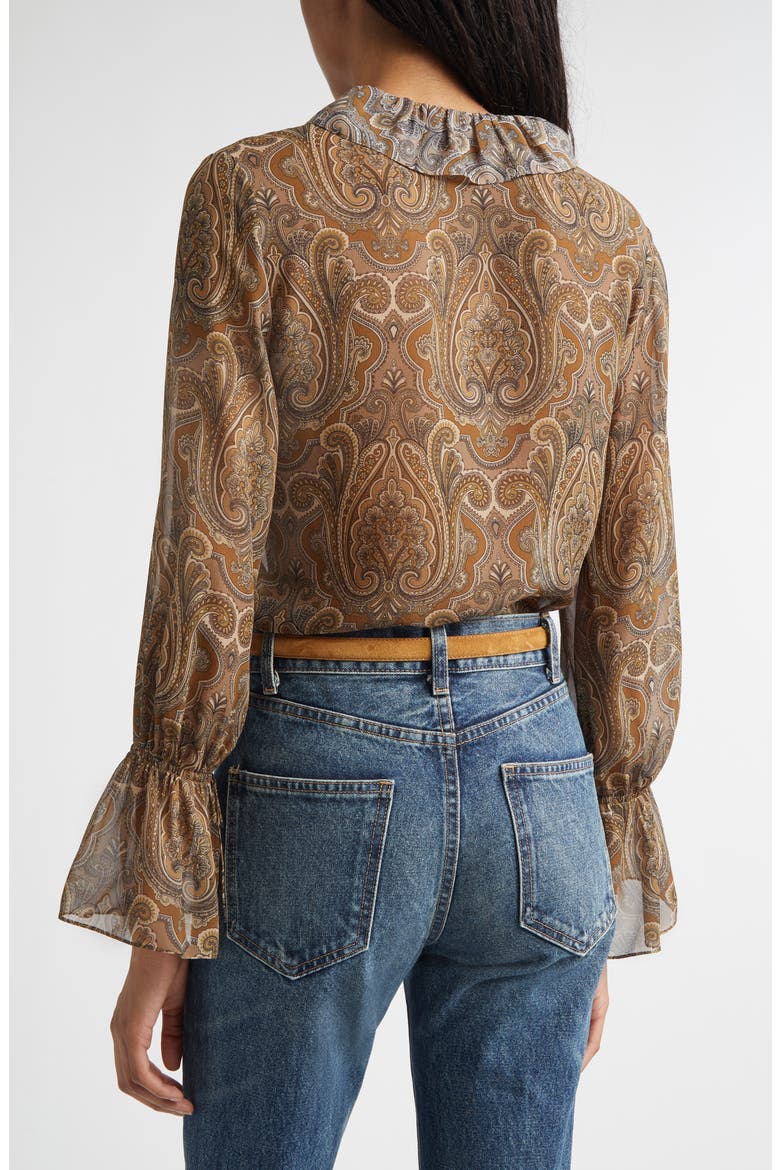 Cecily Paisley Ruffle Trim Button-Up Silk Top, Alternate, color, KHAKI PAISLEY