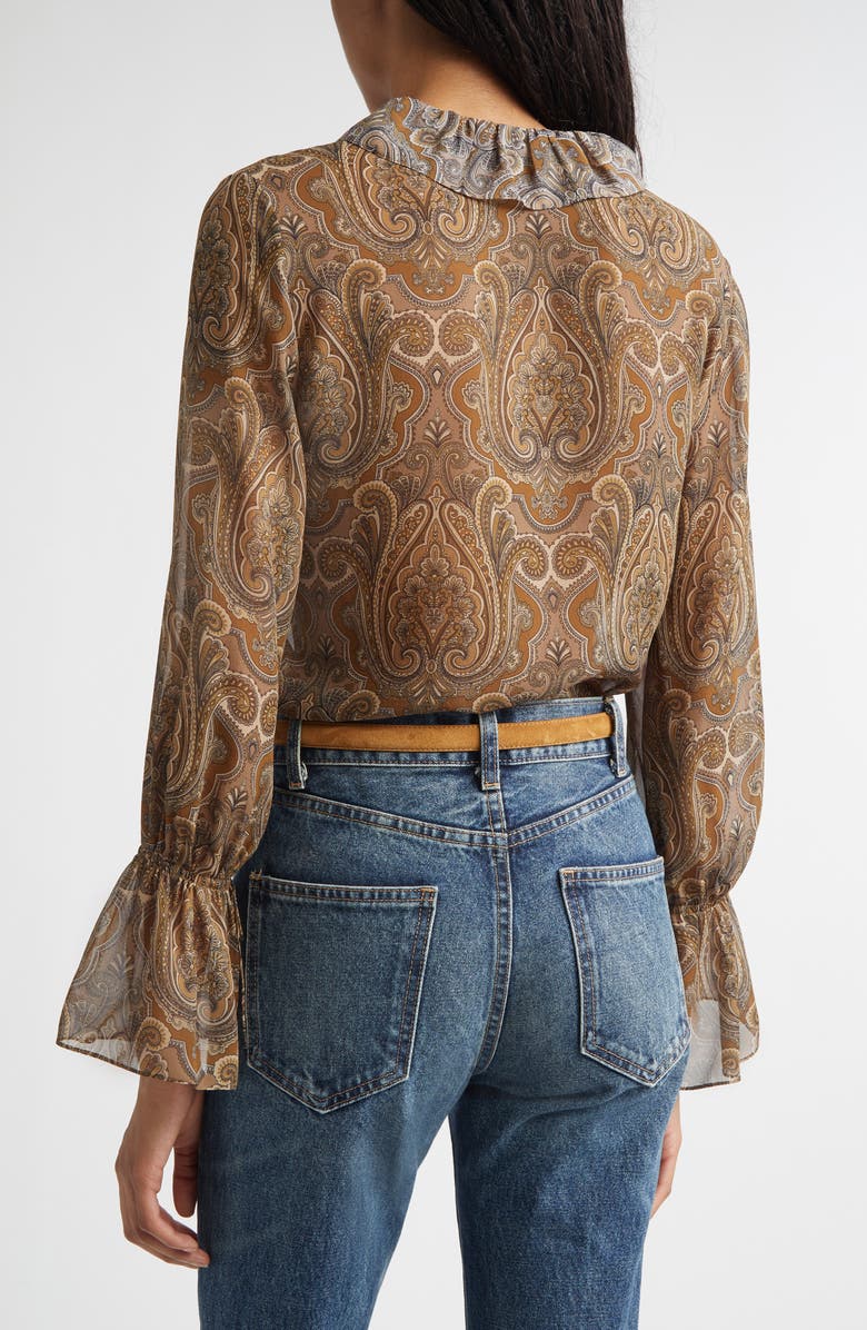 Nili Lotan Cecily Paisley Ruffle Trim Button-Up Silk Top, Alternate, color, Khaki Paisley