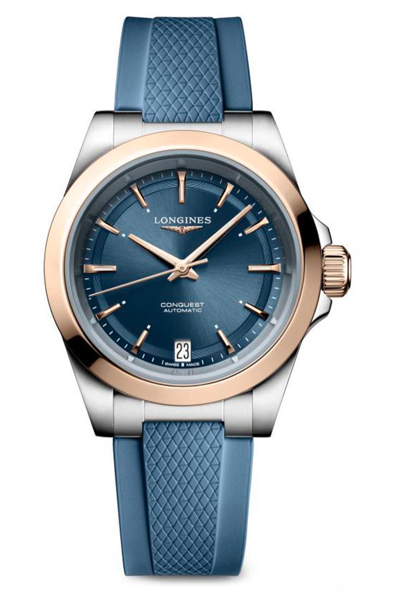 Conquest Automatic Rubber Strap Watch, 34mm, Main, color, BLUE