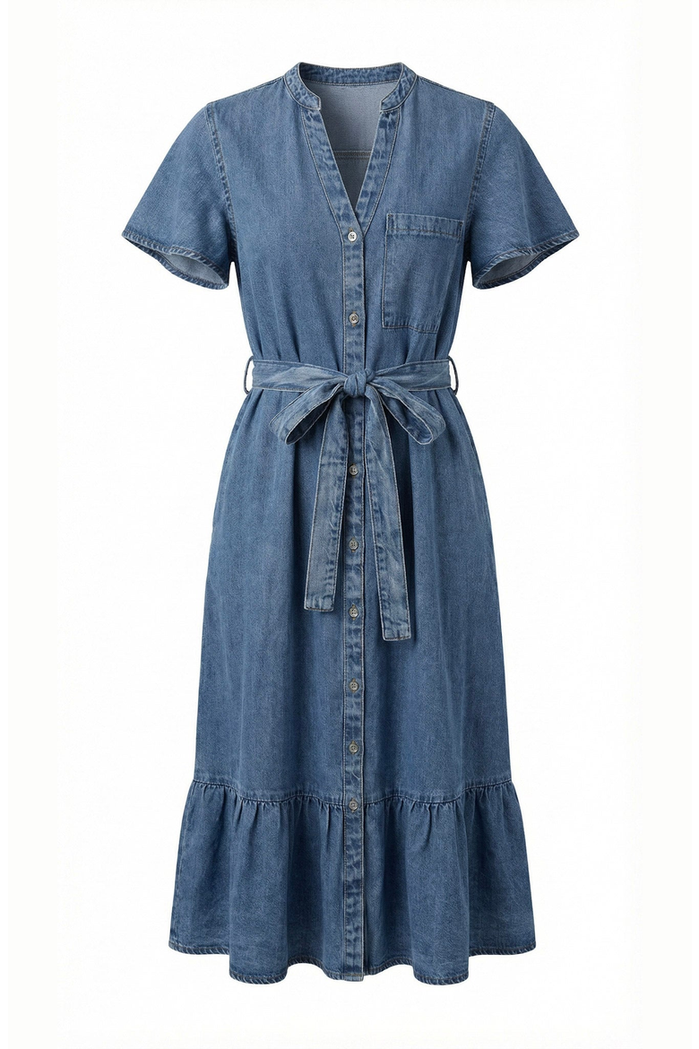Belted Denim Ruffle Hem Dress, Alternate, color, Medium Wash Blue