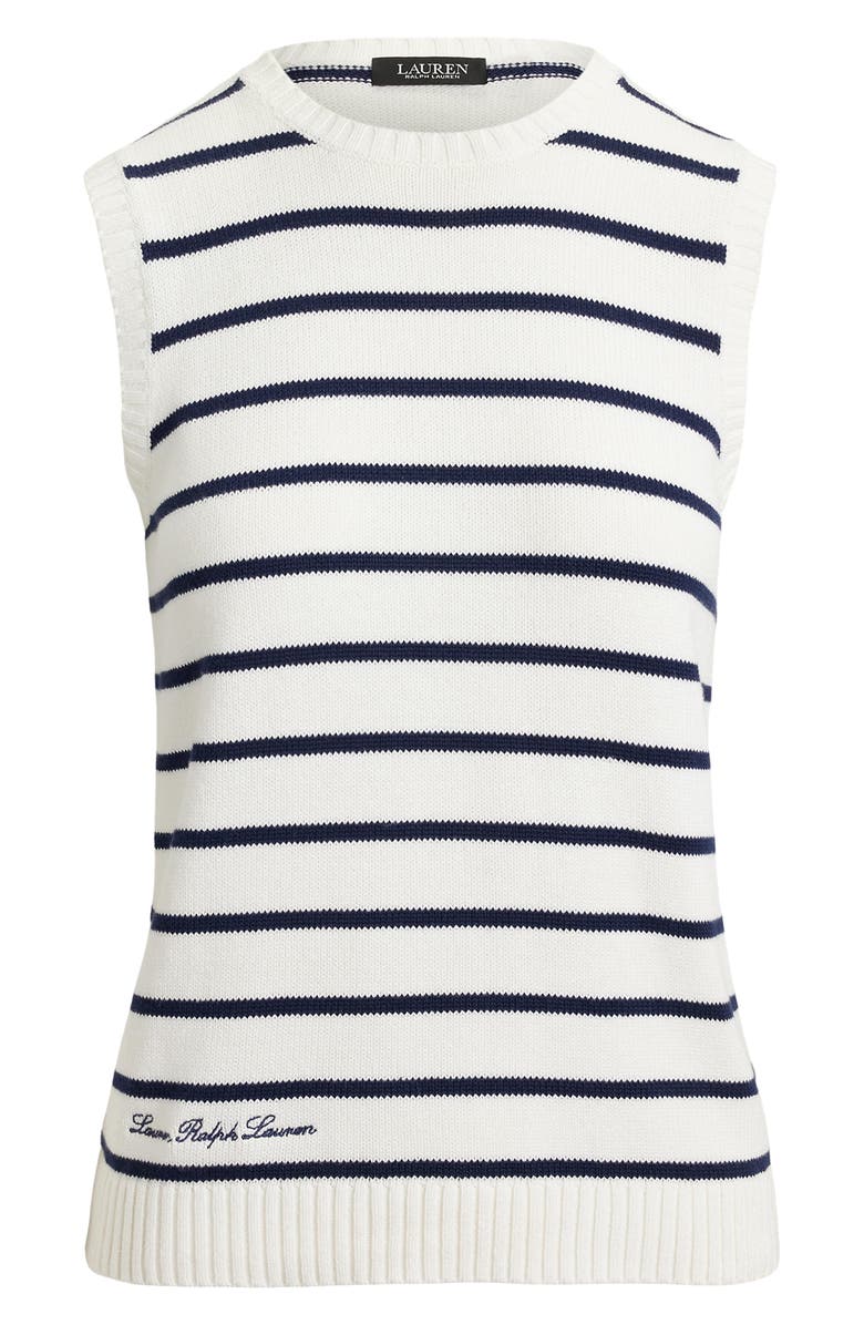 Lauren Ralph Lauren Stripe Sleeveless Combed Cotton Sweater, Alternate, color, White/ Refined Navy