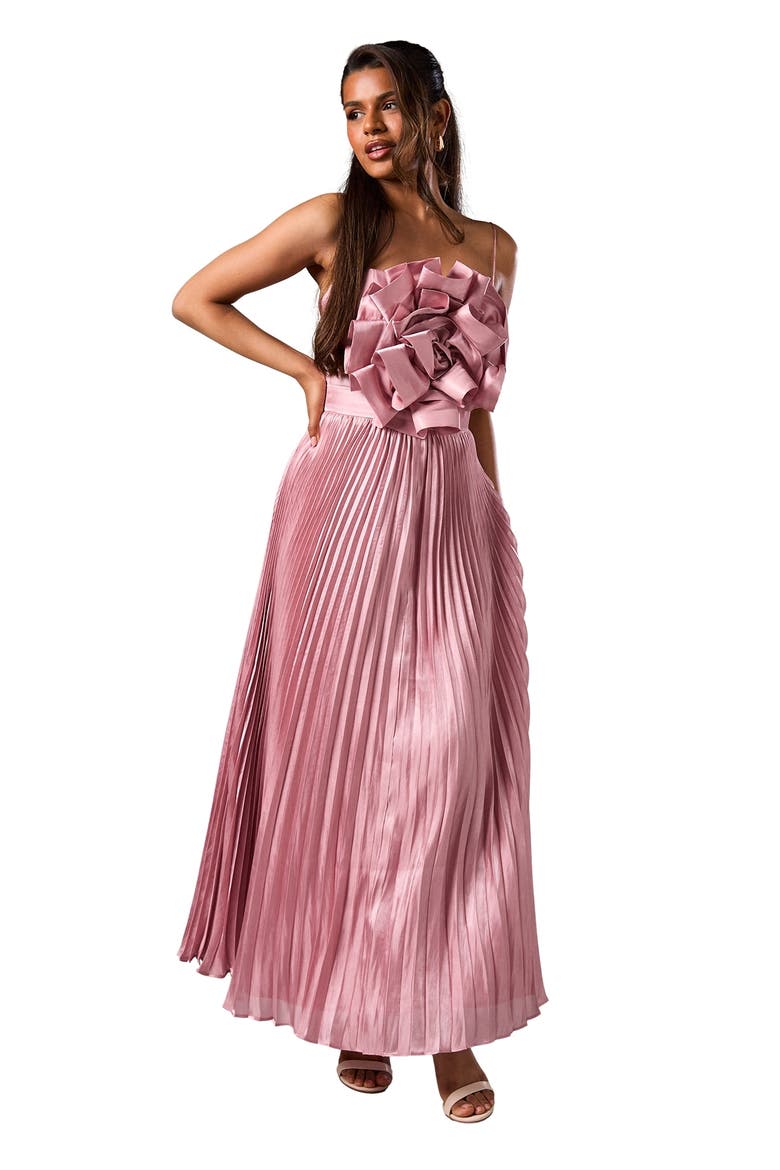 Petite Metallic Pleated Corsage Dress, Main, color, Pink