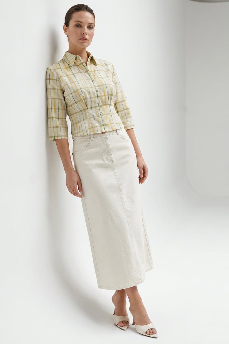 Evariste High Waist Denim Midi Skirt With Pockets, Alternate, color, White