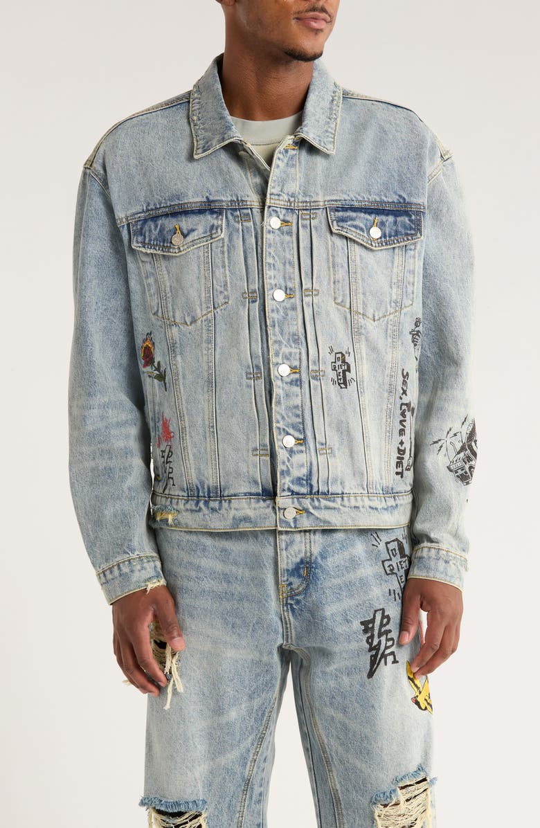 DIET STARTS MONDAY Doodle Embroidered Distressed Denim Trucker Jacket, Alternate, color, Indigo