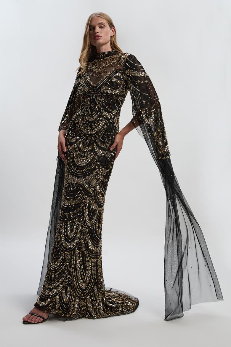 Beaded Midaxi Cape Dress, Main, color, Black