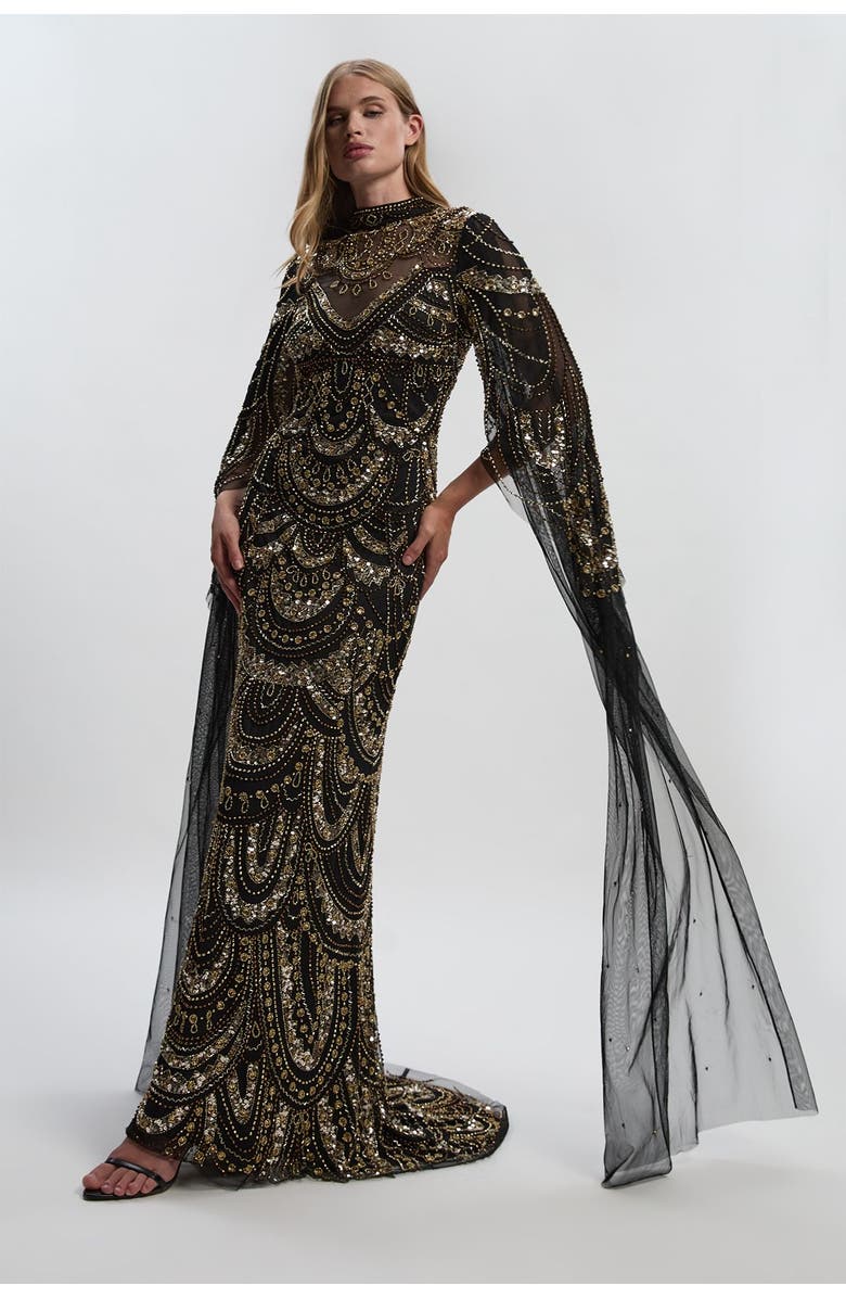 Karen Millen Beaded Midaxi Cape Dress, Main, color, Black