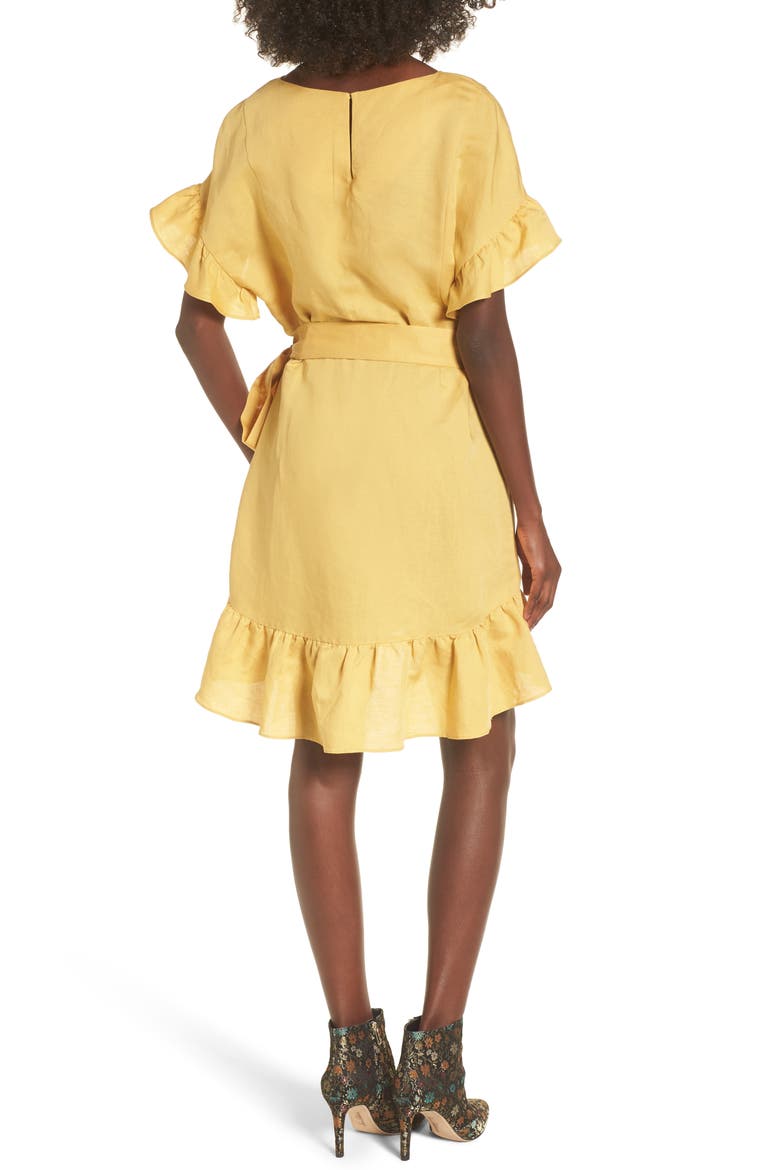 the Label Ruffle Linen Blend Wrap Dress, Alternate, color, YELLOW MINERAL
