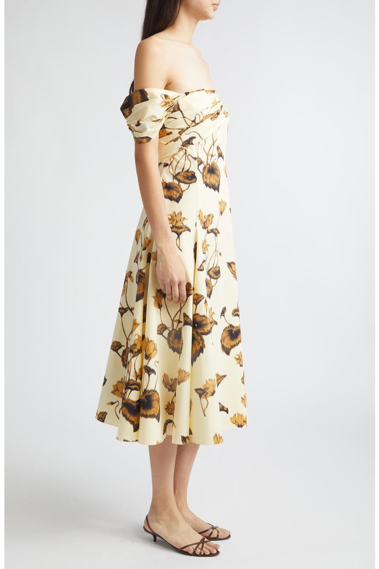 Chiné Cyclamen Stretch Poplin Off the Shoulder Dress, Alternate, color, BROWN/ LIGHT BUTTER