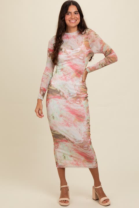 Abstract Printed Mesh Overlay Maxi Dress