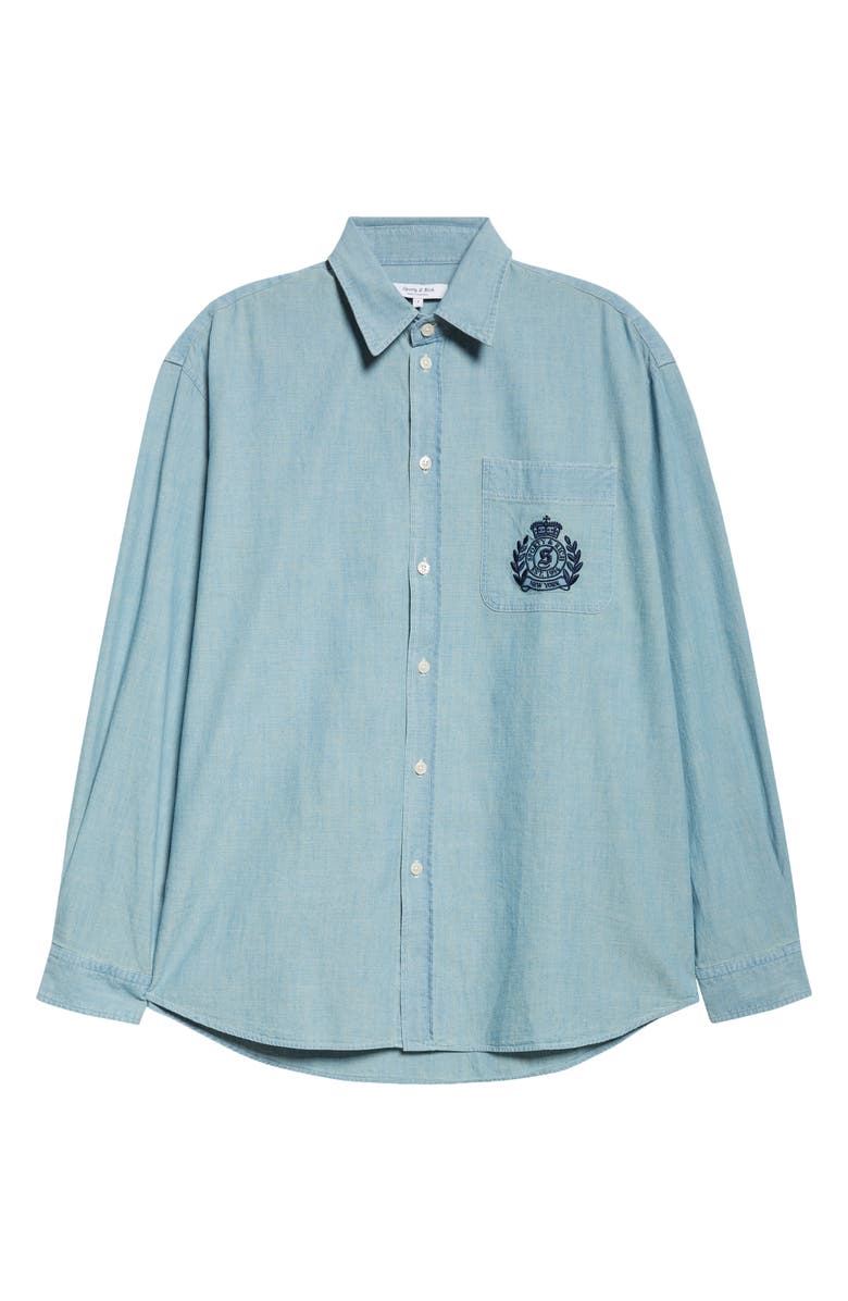 Sporty & Rich Embroidered Crest Oversize Chambray Button-Up Shirt, Alternate, color, Chambray