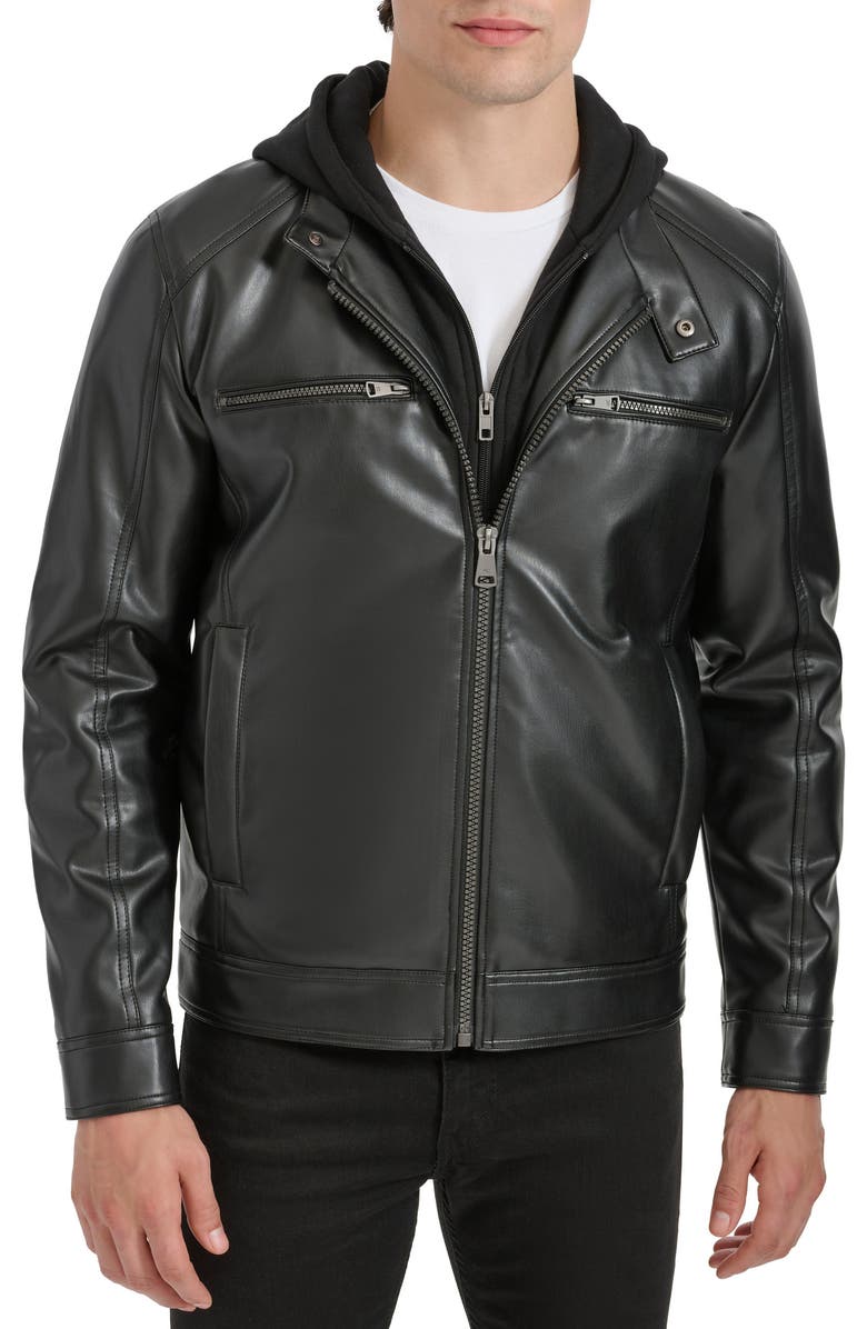 Kenneth Cole New York Hooded Faux Leather Jacket, Main, color, Black